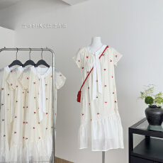 批发FF BLUE 樱桃心事 天丝纯棉立体刺绣长款波点裙A字连衣裙小个子女