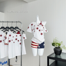 批发F383 美式复古星星印花斜肩吊带短袖多巴胺慵懒风百搭上衣女夏ins