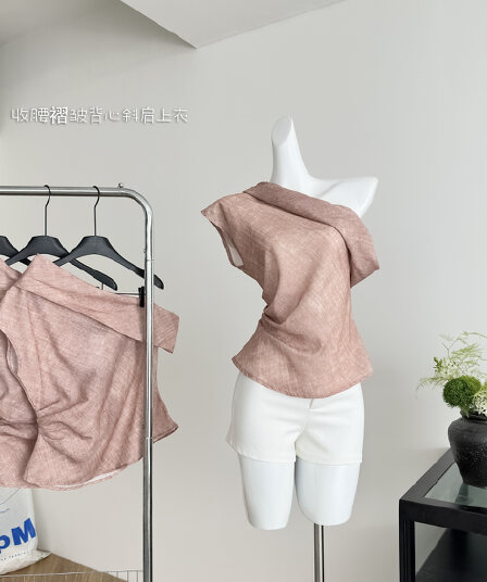 someone sometimes 라미 마 오래된 질감 센스 비대칭 핀치 Pleat 3 차원 폴로 칼라 비스듬한 어깨 조끼