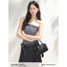 批发原创夏季格纹拼接刺绣抹胸辣妹露背修身显瘦上衣