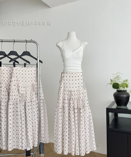 someone sometimes 패치워크 계층의 감각 수신 Pleat 스트랩 꽃무늬 쉬폰 케이크 한 마디 반신 스커트