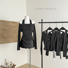 批发设计感条纹荡领挂脖黑灰一字肩收腰假两件上衣<b class='q'>短袖</b>T恤女