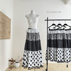 批发京都游 日系波点黑白长裙幸运草原创设计