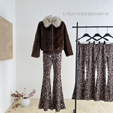 批发野生zero美式复古豹纹微喇叭休闲<b class='q'>裤</b>女秋季新款辣妹修身显瘦长<b class='q'>裤</b>子