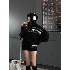 批发韩好甜WARDEN EDGE 黑色费尔岛连帽毛衣女冬修身显瘦针织开衫外套