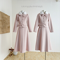 批发Acaine粉色毛呢外套<b class='q'>高腰</b>a字<b class='q'>半身裙</b>套装女秋法式气质千金风两件套