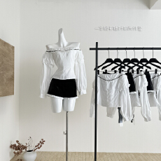 批发OYFF凡凡来咯淡雅白茶南法一字肩收腰长袖<b class='q'>衬衫</b>女镂空绣花上衣