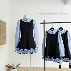 批发气质法式撞色假两件衬衫<b class='q'>连衣裙</b>女秋季新款高级感学院风a字花苞裙