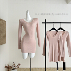 批发若语定制 温柔姐姐 定染花边拼接针织<b class='q'>连衣裙</b>纯欲性感打底裙包臀裙