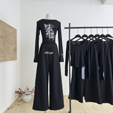 批发莫欣欣 黑色运动裤<b class='q'>女</b>秋季宽松直筒卫裤休闲裤美式辣妹阔腿裤子