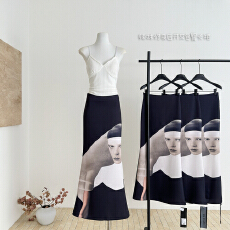 批发0122stepll 艺术家灵感 黑色印花<b class='q'>半身裙</b>女辣妹修身后开叉<b class='q'>包臀</b>长裙