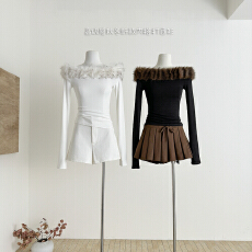 批发rovente 香肩反叛黑色毛毛领一字肩<b class='q'>T</b><b class='q'>恤</b>长袖修身露肩抹胸辣妹上衣