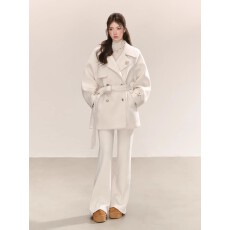 批发QDQD 通勤感气质毛呢外套<b class='q'>秋</b>冬系带收腰显瘦中长款双排扣加棉大衣