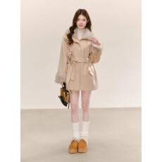 批发QDQD 通勤感气质翻毛领大衣冬季夹棉系带收腰显瘦中<b class='q'>长款</b>毛呢外套