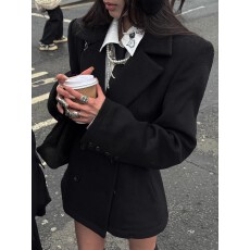 批发韩好甜WARDEN EDGE 黑色羊毛西装女小个子修身双排扣加厚毛呢外套