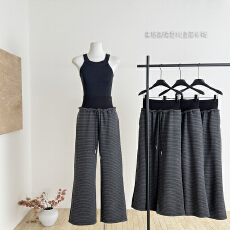 批发黑灰条纹双腰头宽腰头抽绳肤感阔腿<b class='q'>运动</b>休闲卫裤