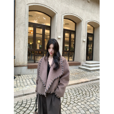 批发【YWYW25F/W】复古纯色羊毛毛呢编织描边翻领百搭外套