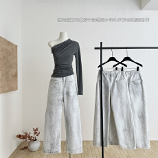 批发区区欧阳白桦丹宁'街拍巨星裤!重磅个性喷脏水洗牛仔裤低腰阔腿裤