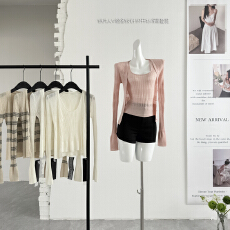 批发板栗可可Bankelili'韩女舒适区'纸片人V领<b class='q'>条纹</b><b class='q'>针织</b><b class='q'>开衫</b>/吊带套组