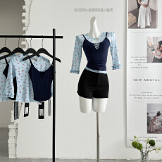 批发Tongiiuu 甜薇少女 碎花网纱短袖T恤女修身显瘦吊带背心套装夏季