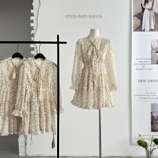 批发MIAOLAB紫藤花恋媌老板 碎花雪纺飘带V领收腰长袖蛋糕连衣裙