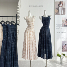 批发1只衮1Z1ZGUN 格调的艺术感 复古感格纹<b class='q'>网纱</b>连衣<b class='q'>裙</b>女垂感气质长<b class='q'>裙</b>