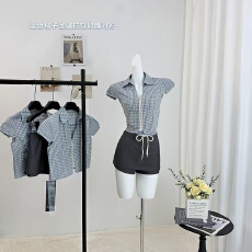 批发BOHOLBLING 薄荷不凉 美式复古蓝色<b class='q'>格子</b>金属拉链收腰修身<b class='q'>衬衫</b>