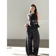批发HEYGIRL黑哥 妮味outfit 荷叶边无袖衬衫<b class='q'>背心</b>马甲上衣阔腿裤套装