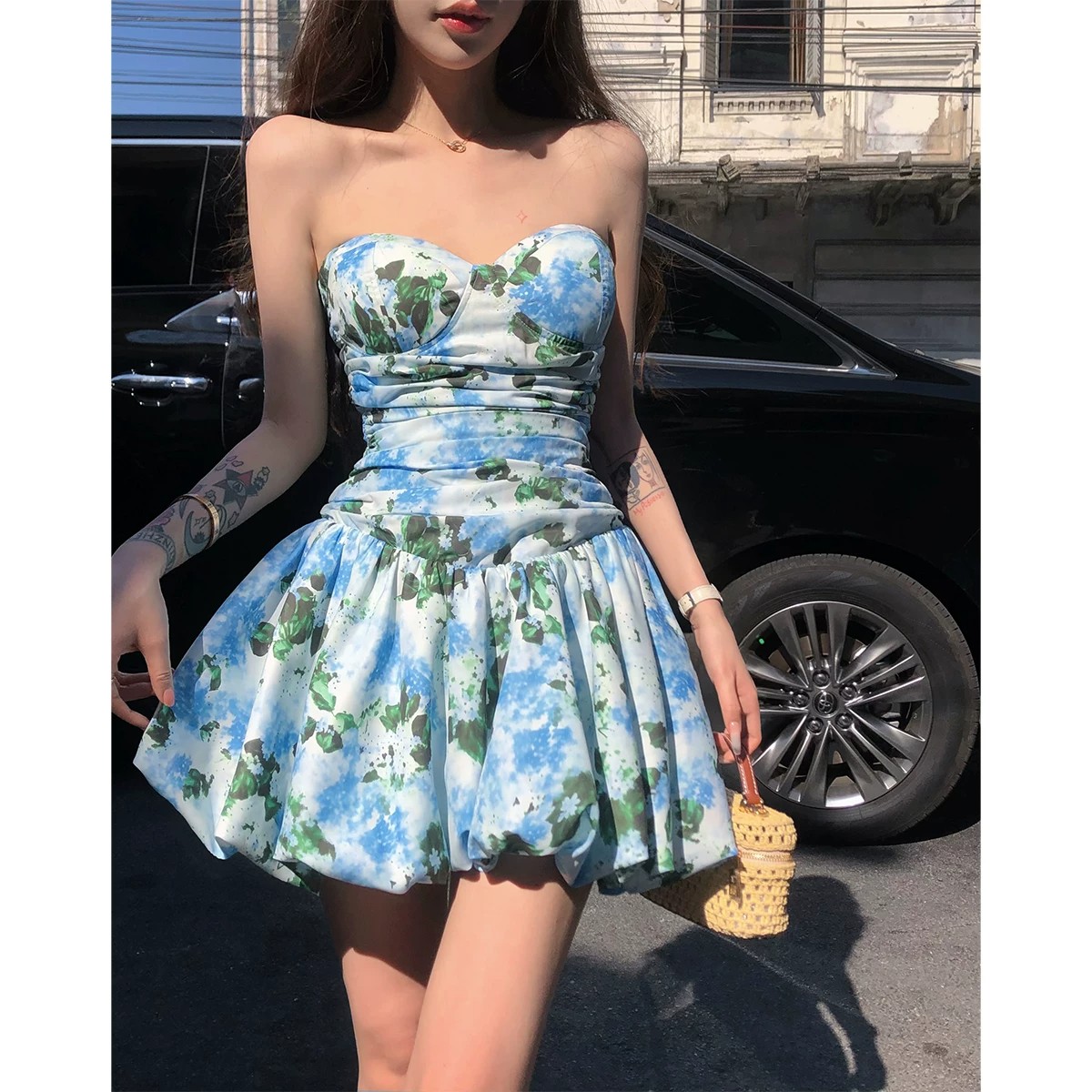 barbey 마요네즈 서울 정원 파란색 꽃무늬 드레스 허리 수축 퍼프 스커트 반신 미니 스커트