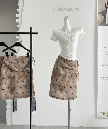 acosey 오리지널 디자인 라이 경기 서울 아마 뽕나무 누에 실크 세트 염색 도트 무늬 흔들다 Pleat 로마 Pleat 스트레이트 반 스커트