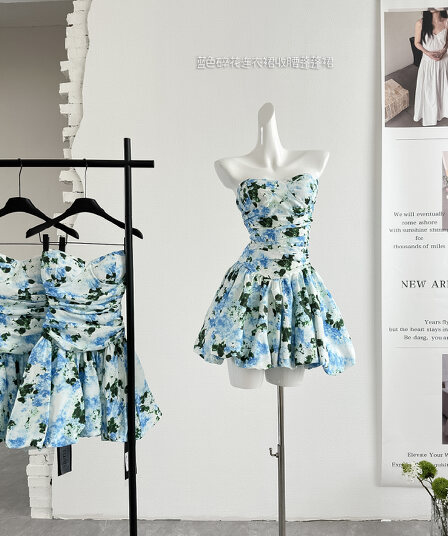 barbey 마요네즈 서울 정원 파란색 꽃무늬 드레스 허리 수축 퍼프 스커트 반신 미니 스커트