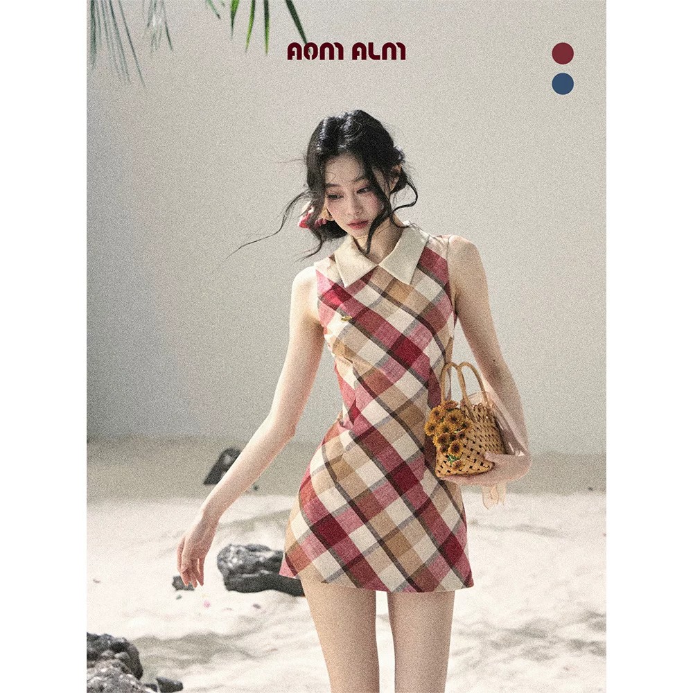해변가 ~ 중 일몰 프랑스식 로얄 자매 POLO 칼라 링 그리드 여성 드레스 여름 타이트 스커트 미니 스커트