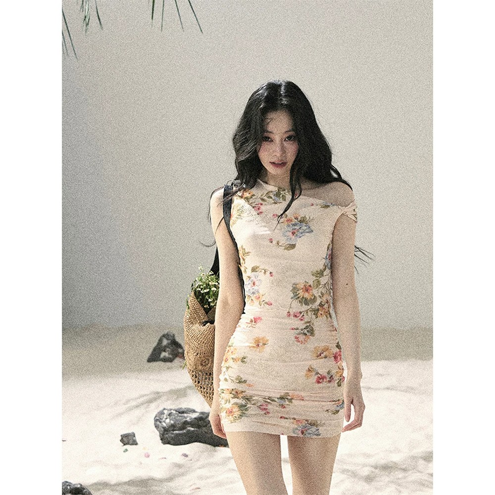 나 기대 벚꽃 프랑스식 망사 꽃무늬 여성 드레스 여름 허리 수축 타이트 스커트 미니 스커트