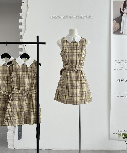 luamoss 크메르어 불규칙 체크무늬 배색 셔츠 칼라 여성 드레스 디자인 센스 천 골드 센스 롱 스커트