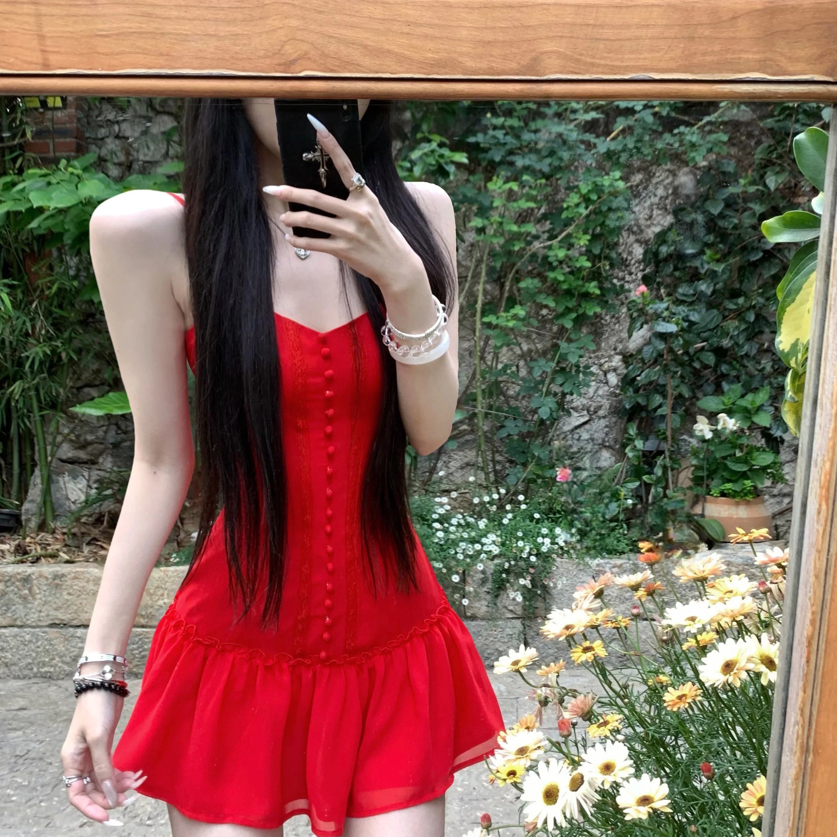 021ope summer rose 샤오홍 치마 핫걸 쇼트 스타일 슬립 드레스 허리 수축 슬림해 보이는 드레스