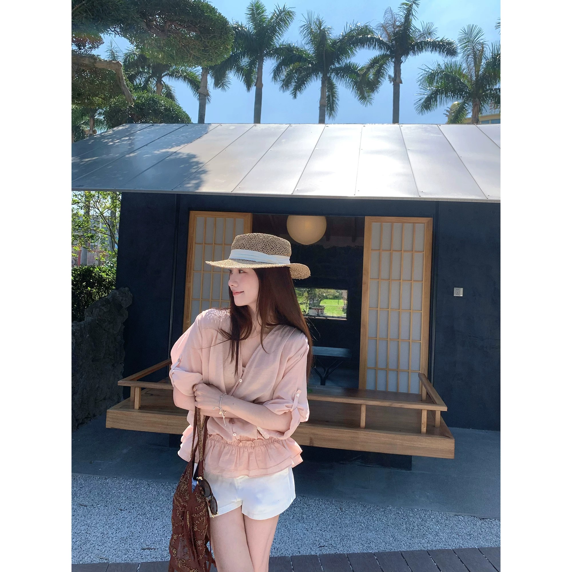 tmhstudio 프랑스식 여름 무거운 작업 아세트산 주간 실크 페이크 레이어드 여성 셔츠 여름 플리츠 캐주얼 작은 셔츠 맨위