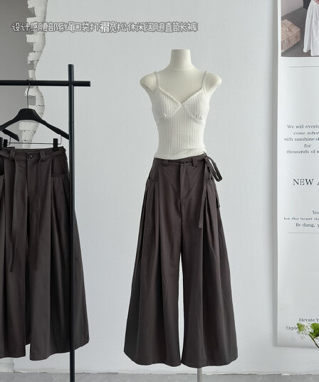 25fw 디자인 센스 허리 끈 주머니 명중 Pleat 루즈핏 캐주얼 넓은 다리 스트레이트 긴 바지