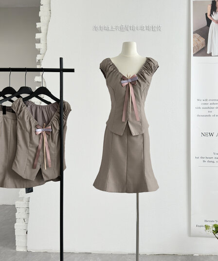lvetong 오리지널 디자인 V넥 오프숄더 허리 수축 정장 거품 소매 맨위 인어 꼬리 스커트 반신 치마 세트 여성