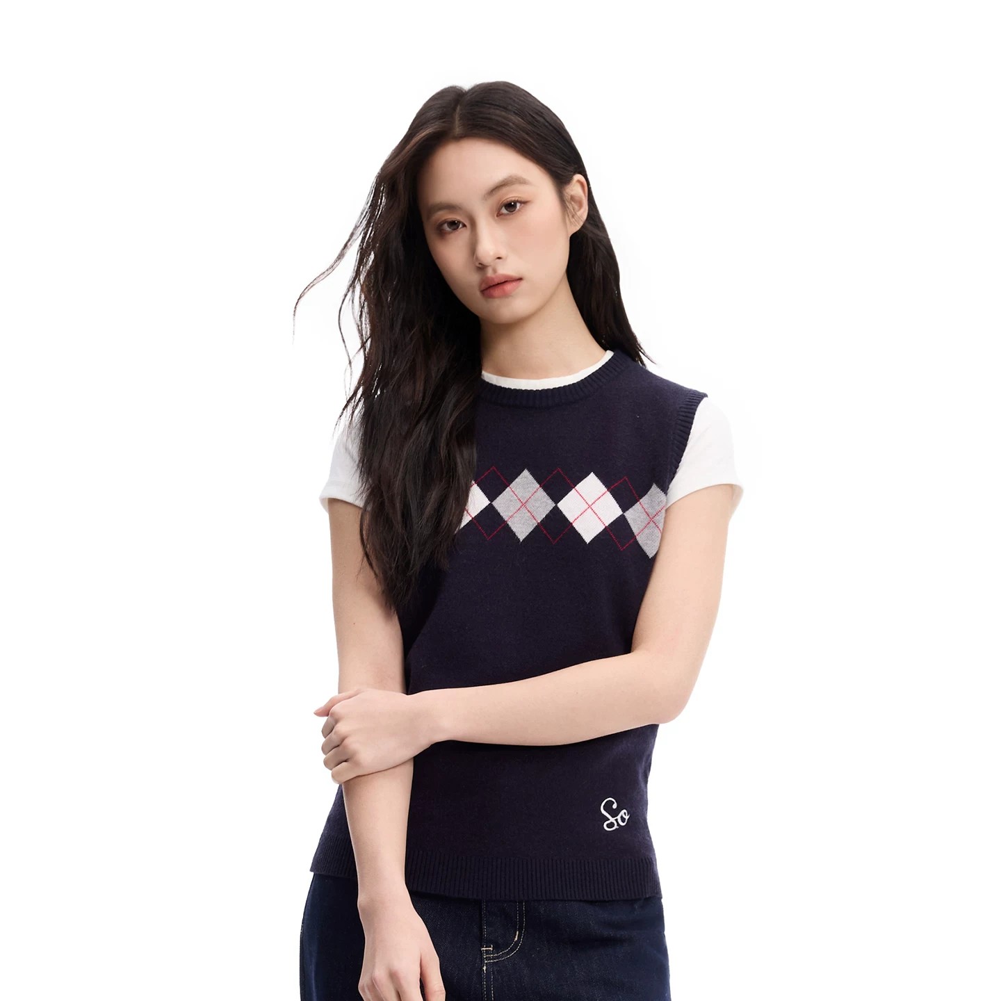 sameold 학원 스타일 링 체크무늬 니트 조끼 여성 민소매 라운드 넥 자카드 다용도 봄 스웨터 스택 착용 조끼