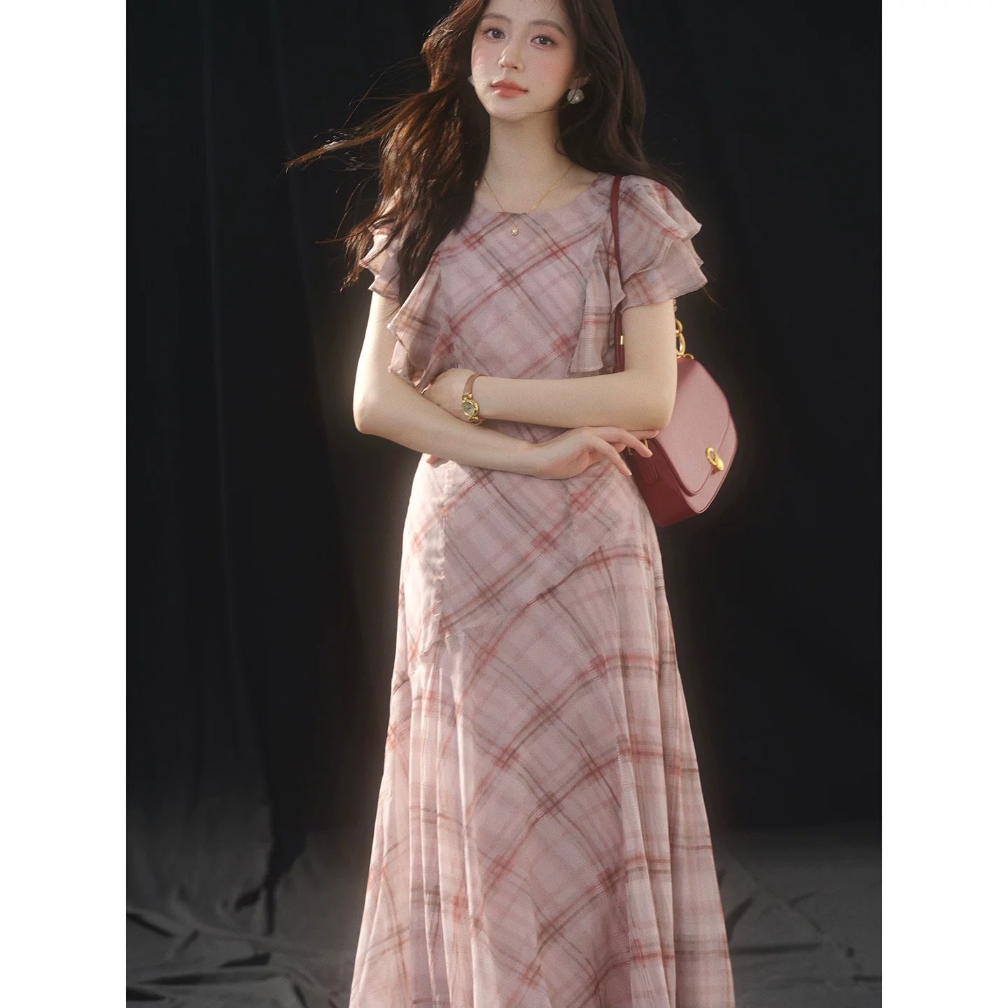 sleepybunny 프랑스식 체크무늬 라운드 넥 쉬폰 여성 드레스 하이웨이스트 중간 길이 프릴 반팔 롱 스커트