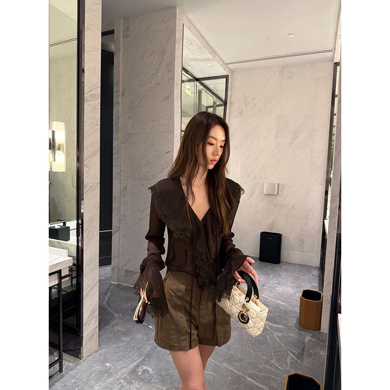 gakee official 프랑스식 레이스 레이스 V넥 시폰 셔츠 여성 봄 여름 질감 센스 프릴 셔츠