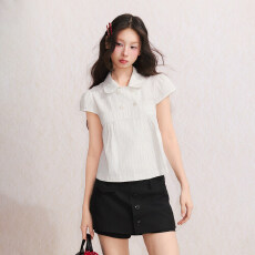 批发umoumo乌蘑夏季甜美慵懒娃娃领双排扣条纹<b class='q'>衬衫</b>宽松显瘦文艺小衫