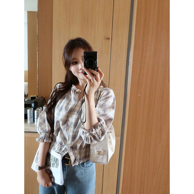 ahy 부드러운 지능 작은 한 바람 다용도 다양한 착용 법 미니멀리즘 품격 체크무늬 작은 셔츠 신제품