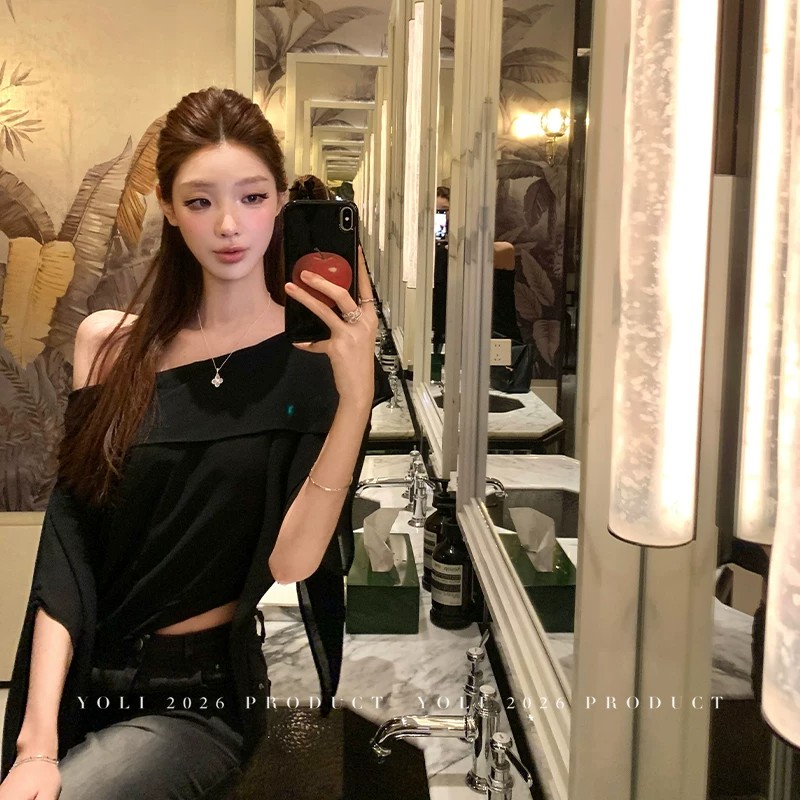 yoli 장 宥 이익 플러그 Na 산책 검정색 비스듬한 어깨 시폰 셔츠 여성 봄 미니멀리즘 캐주얼 다용도 슬림해 보이는 맨위