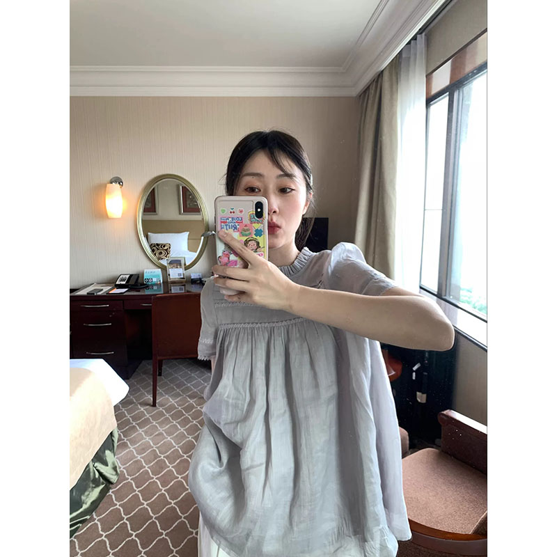 여름 부드러운 감자 보라색 라미 레이스 공주 레이스 칼라 인형 셔츠 순면 안감