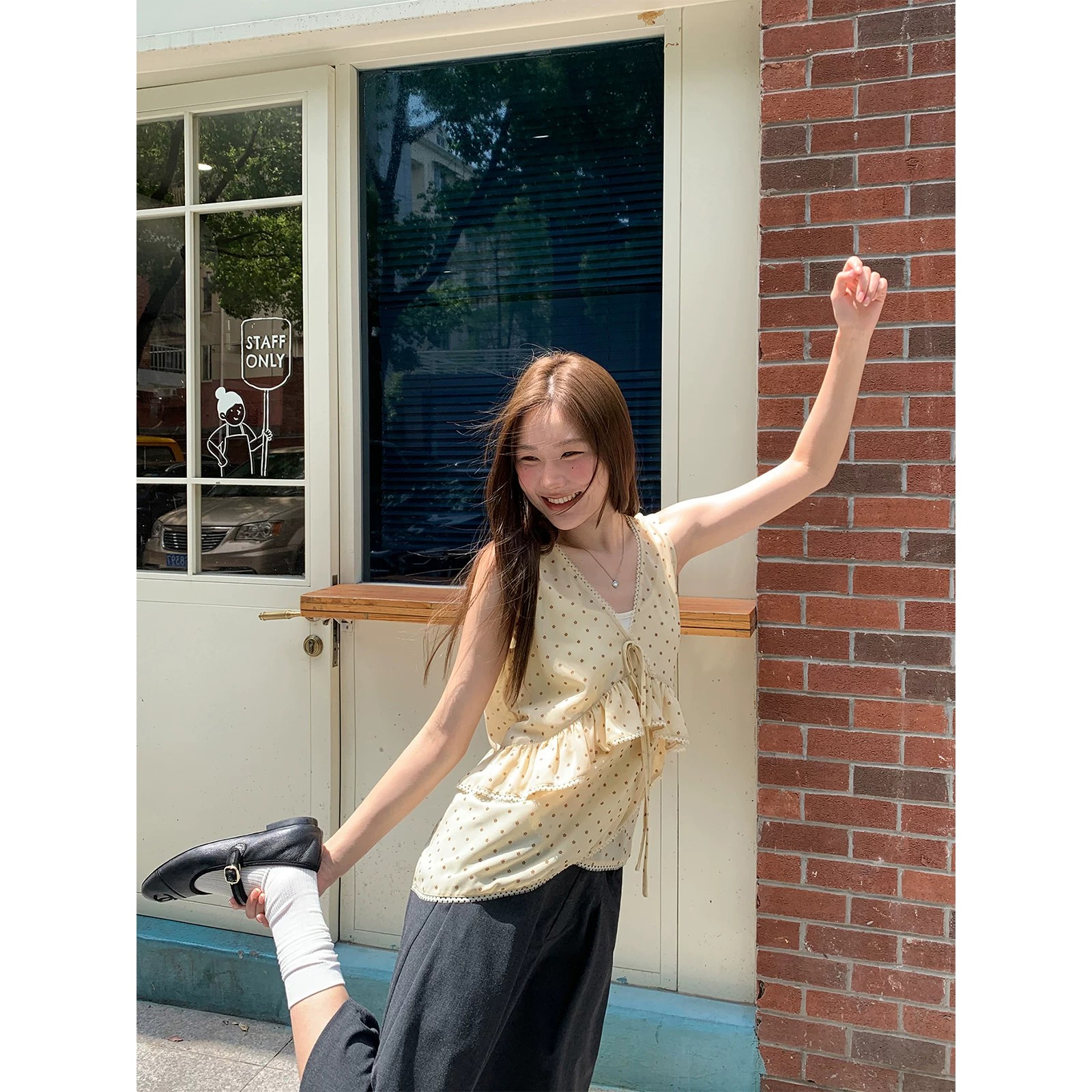 안녕하세요. 대포 프릴 프린트 조끼 슬립 두 조각 여성 세트 여름 슈퍼 잘 생긴 ~ 중 느긋한 고유 한 맨위