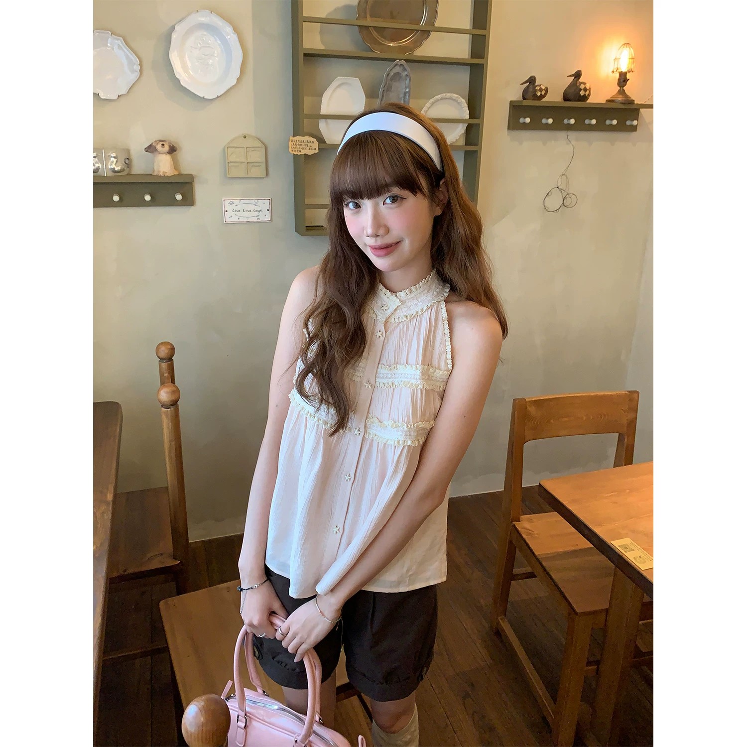 은하계 소다 Pinellia 핑크색 레이스 레이스 소녀 센스 스탠드 칼라 행침 목 셔츠 민소매 작은 키 맨위