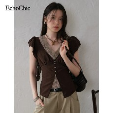 批发EchoChic「檀棕晚风」假二件衬衫女咖色格子v领复古别致绝美<b class='q'>小衫</b>