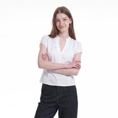 批发COIE春夏美式复古花边<b class='q'>V领</b>纽扣显瘦收腰衬衫白短袖简约百搭女上