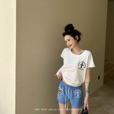 批发宁司 100棉<b class='q'>印花</b>圆领小飞袖T恤女夏季抽绳阔腿宽松日常百搭套装